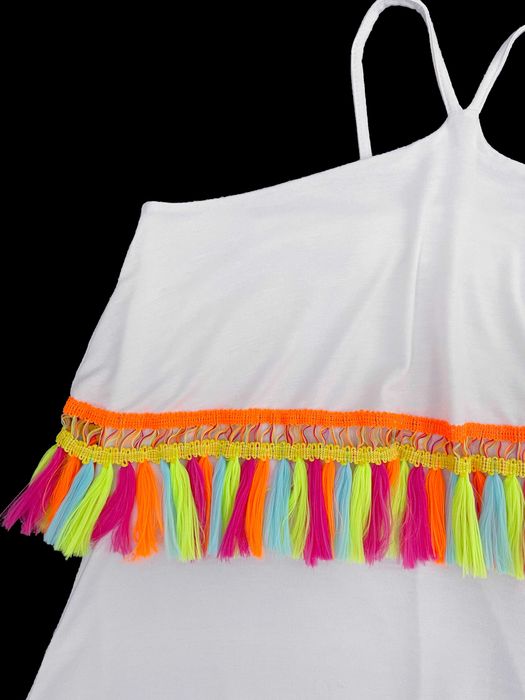 Boohoo пляжное белое платье с яркими кисточками, S/M