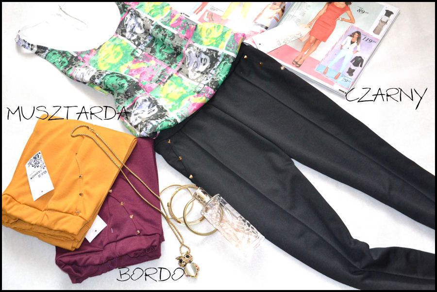 Spodnie eleganckie na kant przeszycia legginsy musztardowe 36 S nowe