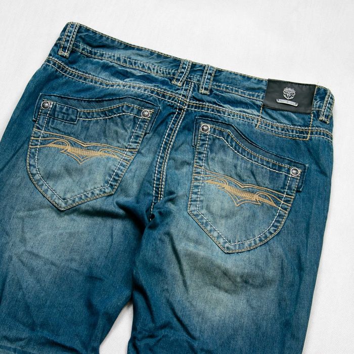 Blue Monkey y2k spodnie jeansowe 34/32us biodrówki hafty przetarcia