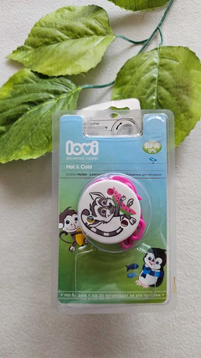 NOWE Smoczki Lovi Hot&Cold 3-6m dwupak + łańcuszek do smoczka zestaw lemur różowe