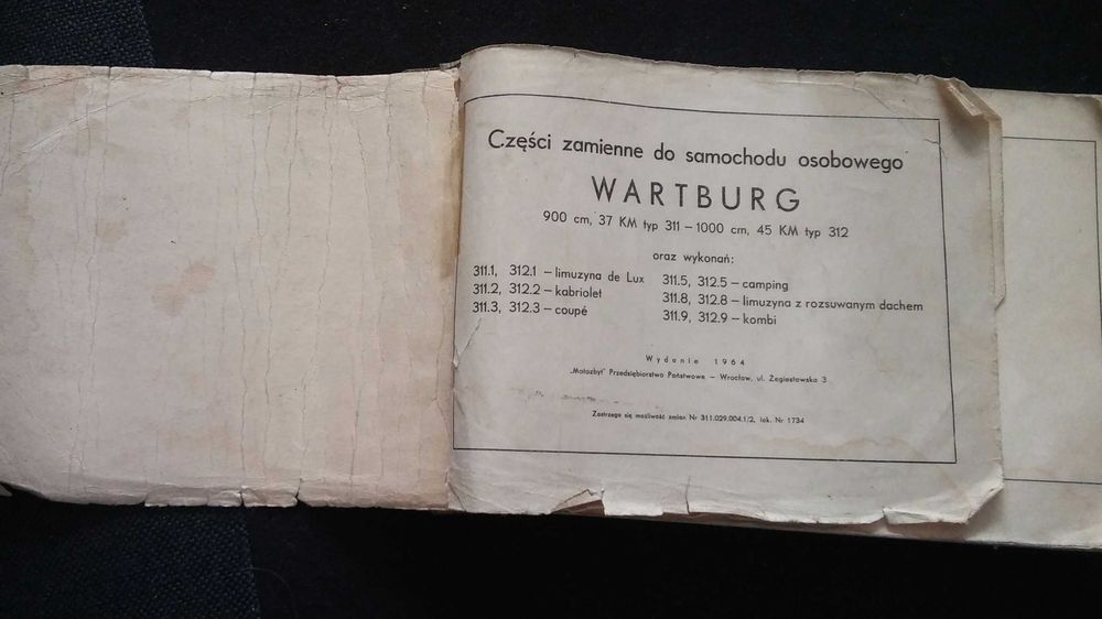 Wartburg 311 312 oryginalny katalog części j.polski
