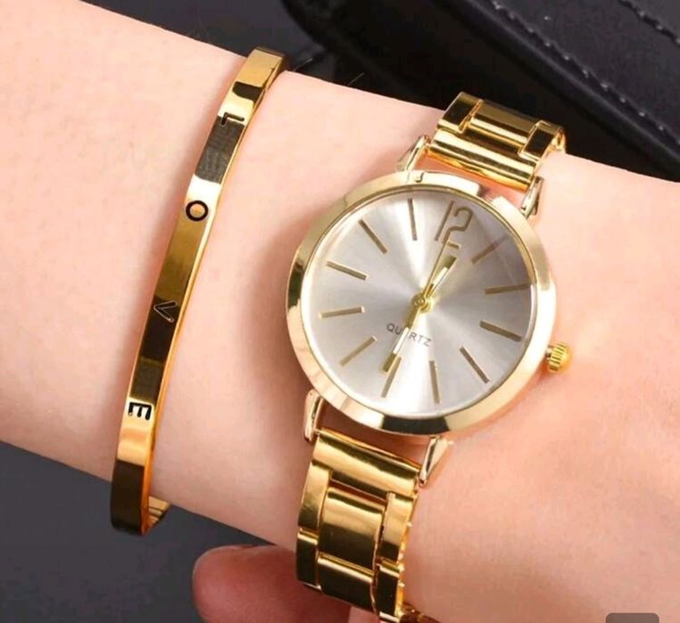 Conjunto relógio + pulseira aço inoxidável