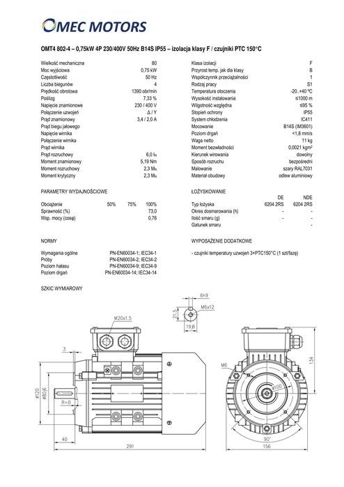 silnik elektryczny 0,75kW 1400obr. 3fazowy 80B14 OMT