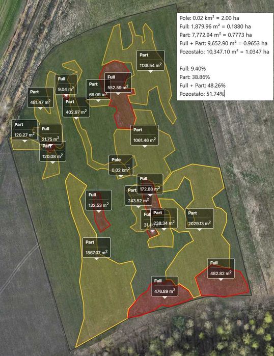 Dokumentacja szkód w uprawach, szkód łowieckich dronem + mapa