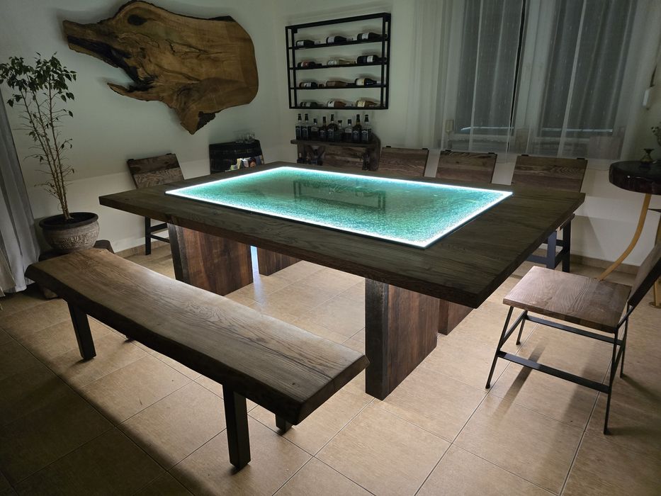 Stół drewniany dębowy jesionu szklany podświetlany Led krawędź