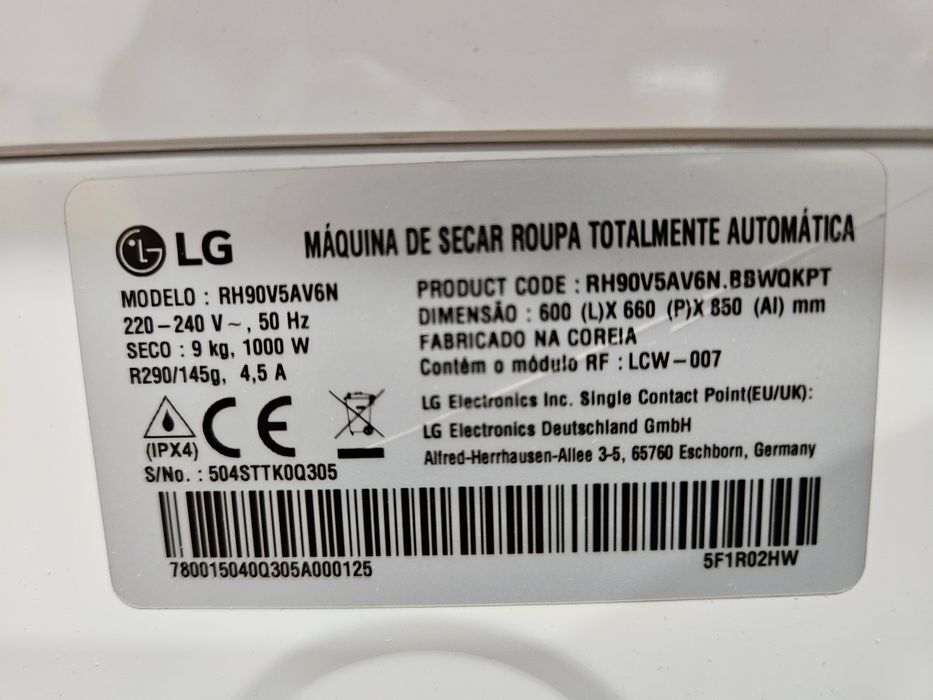 Máquina de Secar Roupa Lg 9Kg - Bomba Calor - Nova c/garantia