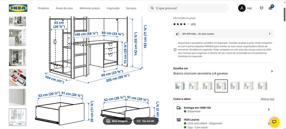 Cama alta IKEA SMASTAD com roupeiro e secretária