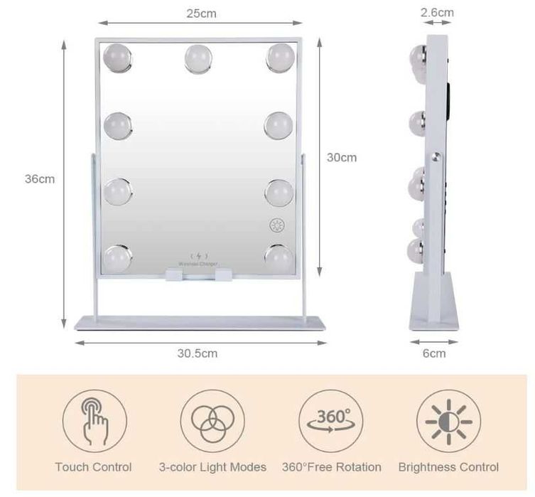 Lustro do makijażu z podświetleniem i głośnikiem Bluetooth