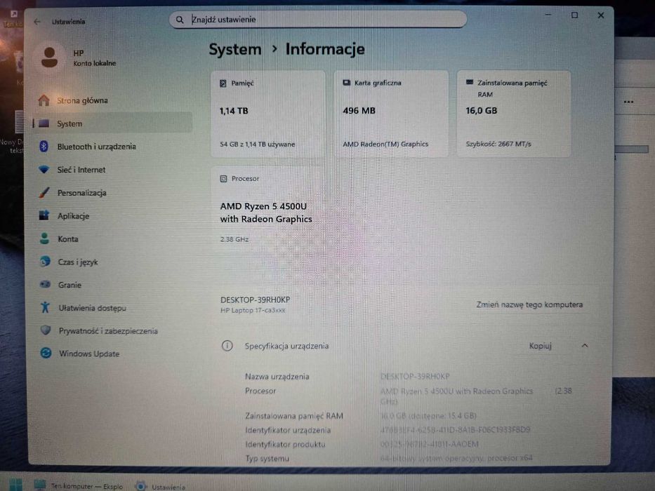 HP 17,3 Ryzen 5-4500U 16GB RAM SSD+HDD Win 11