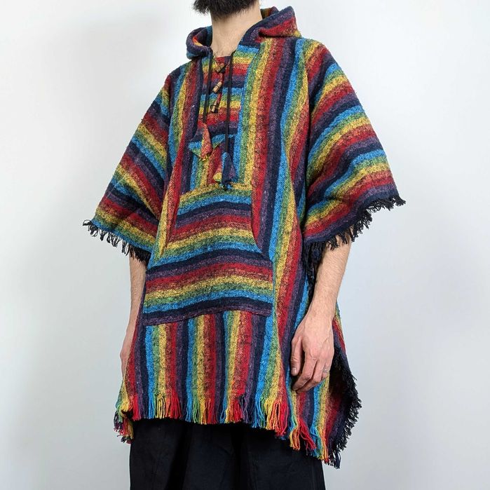 ciepłe poncho z kapturem kolorowe etniczne bawełniane indie hippie