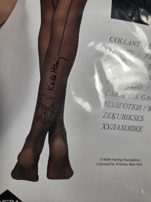 Czarne rajstopy calzedonia rozmiar s/m Keith Haring napis z tylu szew