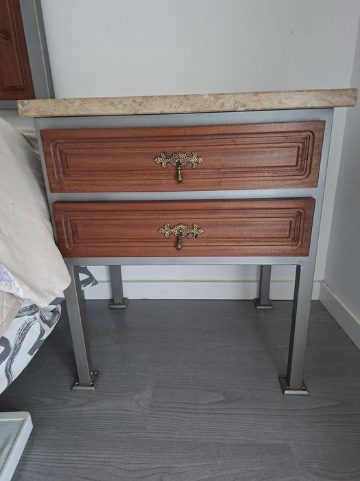 Conjunto artesanal cama + mesinhas em ferro forjado, madeira e mármore