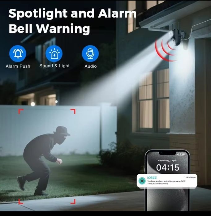 Câmera de segurança 4MP, Visão noturna Deteção Movimento, zoom digital