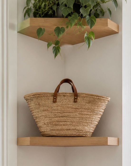 Cesta Vintage em Verga Natural com Alças em Pele | Boho Escandinava Grande