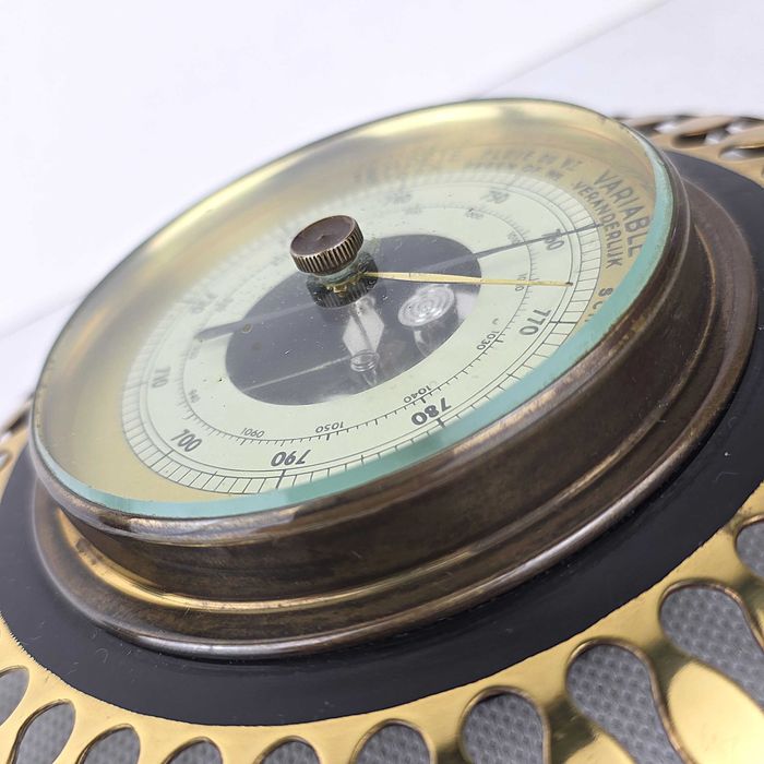 Zabytkowy Aneroidowy Barometr Mosiądz Vintage Retro Mid Century Sunburst