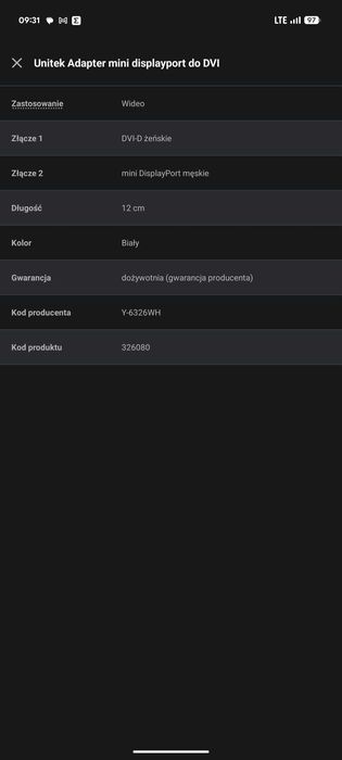 Adapter Unitek mini displayport do DVI