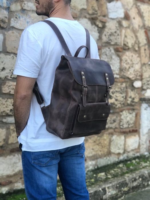 Мужской черный кожаный рюкзак ручной работы. Натуральная кожа
