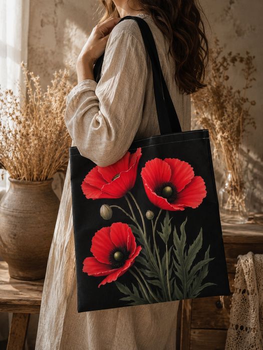 Czarna torba shopper z makami | duża torba na zakupy | folk boho