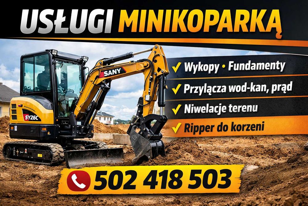 Usługi minikoparką SANY SY26U – wykopy, przyłącza, niwelacja