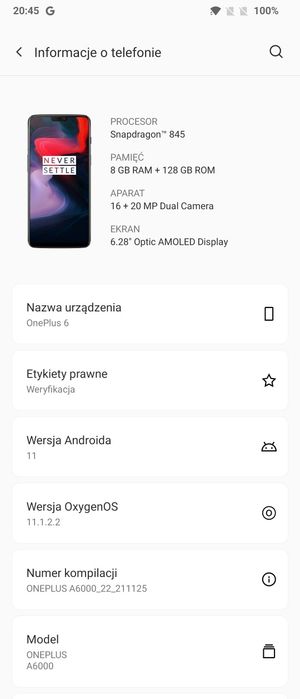 Smartphone telefon OnePlus 6 8/128 Snapdragon 845 dobry stan