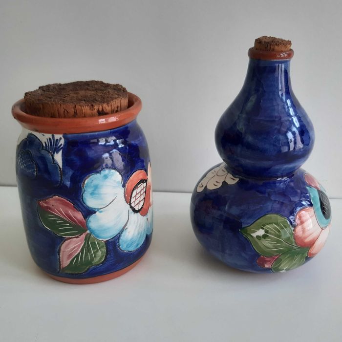 2 Peças Barro Artesanal Pintado á Mão Portugal Pote e Cabaça