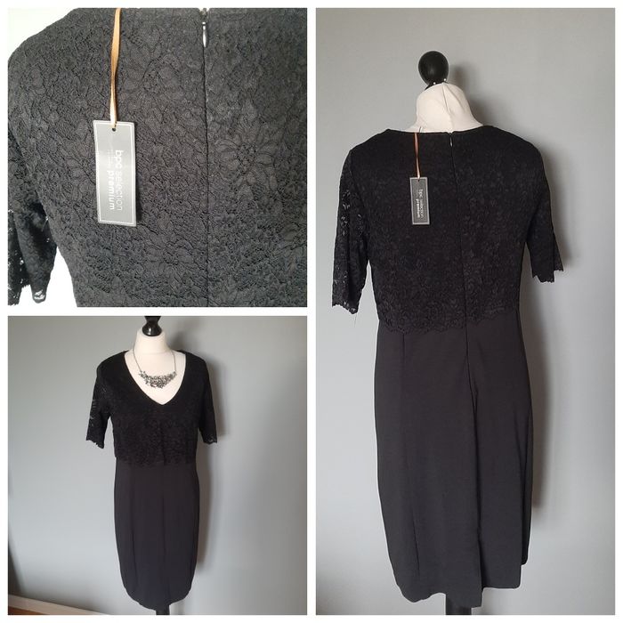 Czarna sukienka klasyczna elegancka rękawek koronka 36 38nka narzut