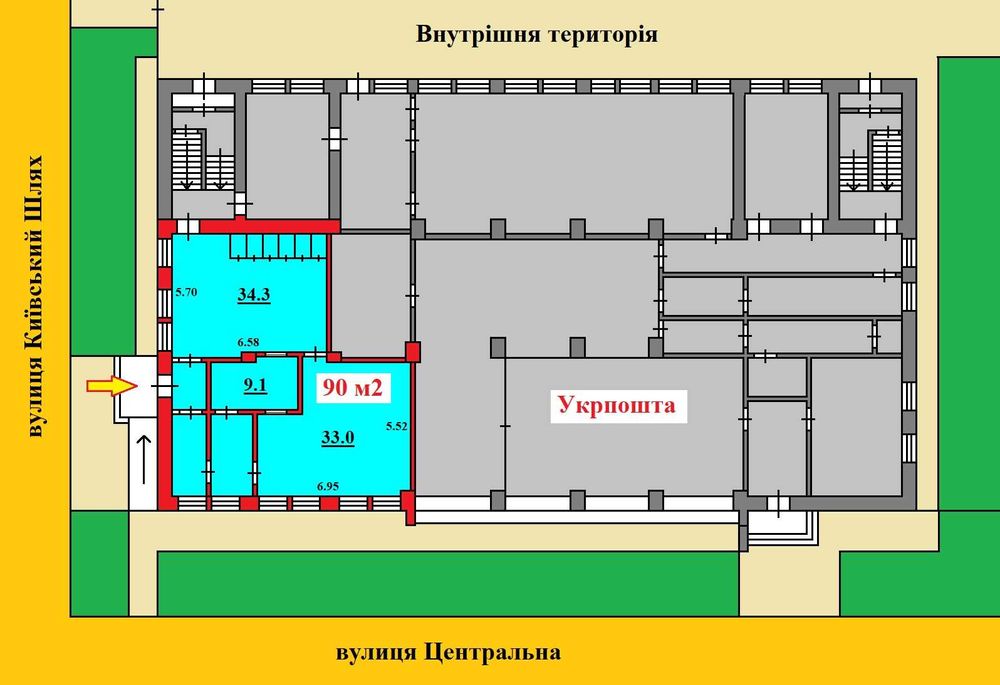 Фасад 90 м2 в центрі біля Укрпошти. 1 поверх, окр. вхід. Без Комісії!