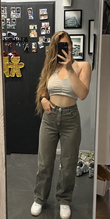Marc O'Polo spodnie wide leg khaki oliwkowe wysoki stan W29 L32 cropped okazja 97% bawełna
