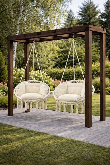 Drewniana pergola ogrodowa + 2 huśtawki plecione (zestaw)