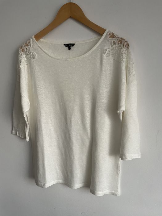 Massimo Dutti lniana kremowa bluzka oversize naturalka z koronka