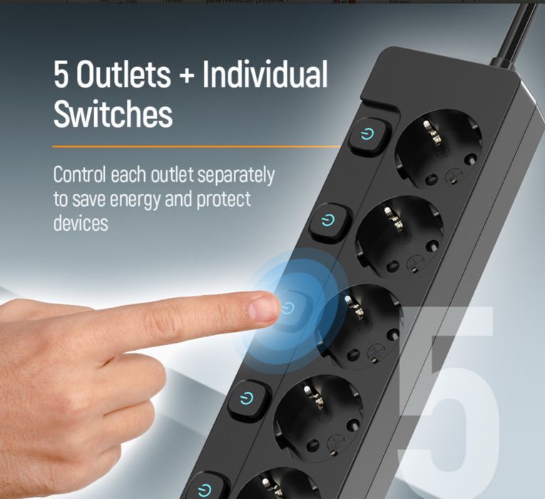 Сетевой фильтр ColorWay, 220 W, 5 розеток с выключателями