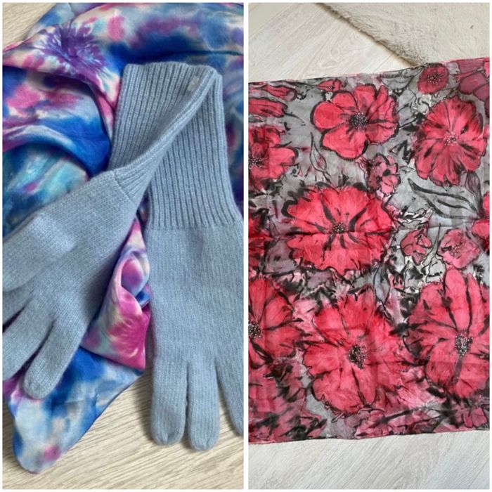 Zestaw chusta apaszka jedwabna 100% silk kwiaty czerwona rękawiczki