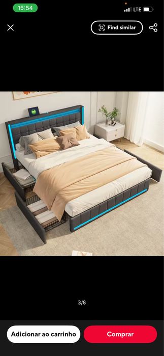 Cama de Casal Estofada com LED + Arrumação