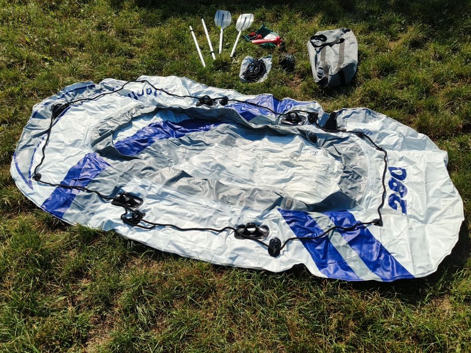 Duży Ponton Atlantic 280 Wiosła Aluminiowe Pompka Samochodowa Zasilacz