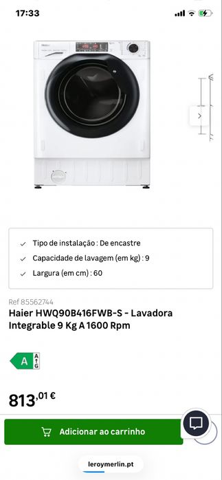Máquina de Lavar e Secar Roupa Encastrável Haier HWDQ90B416FWB-S Carga Frontal Motor Inverter de 9/5 Kg e de 1600 rpm - Branco