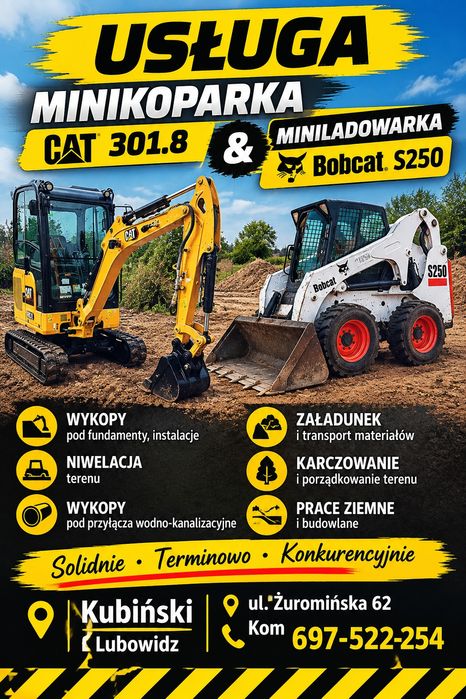 Usługi minikoparka koparka kopanie korytowanie przyłacza odwodnienia
