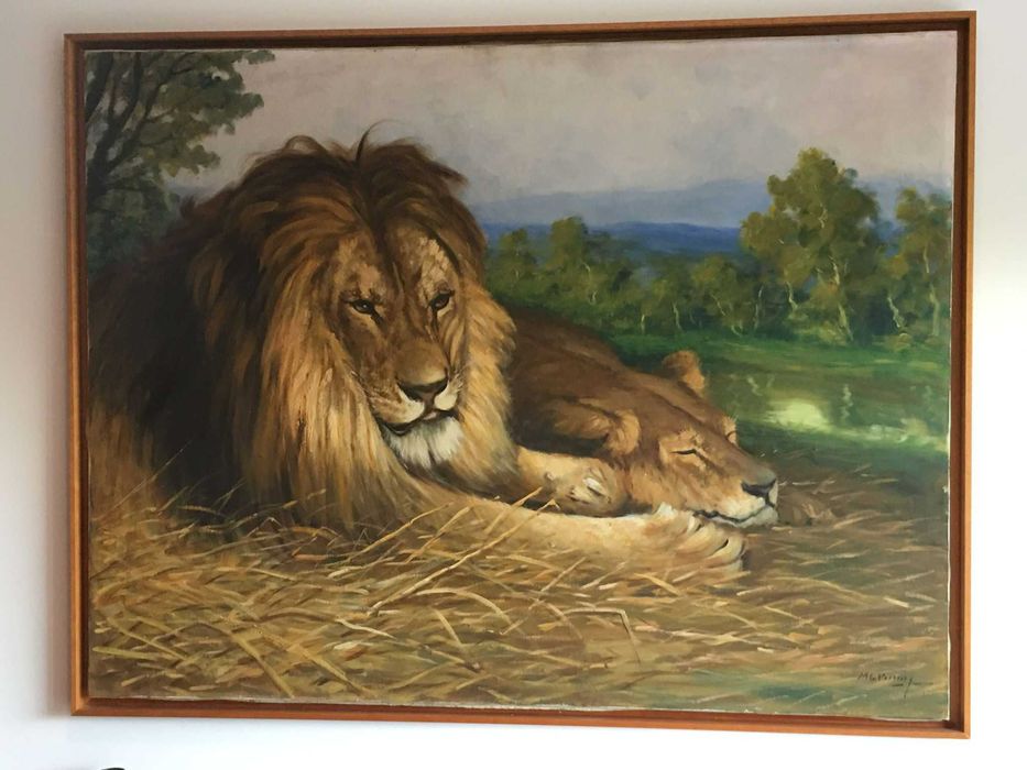 Quadro a óleo " Leões na Savana " de Manuel Gregório Pereira