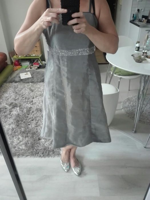 Sukienka 40 L srebrna, ślub, wesele podwyższony stan moze być ciążowa