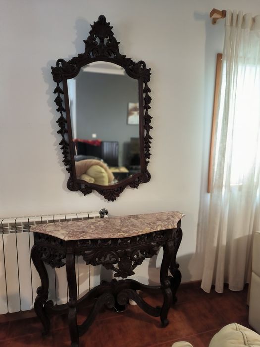 Conjunto de hall de entrada antigo – Espelho e móvel clássico em bom e