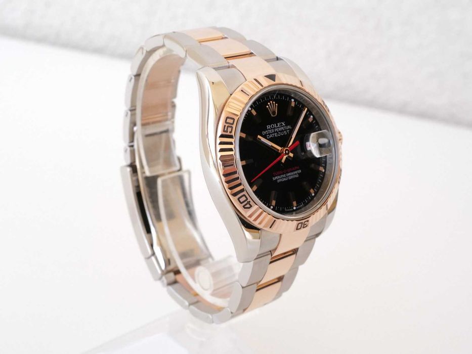 Rolex Datejust Turn-O-Graph 18K Rose Gold Steel Black Dial 36