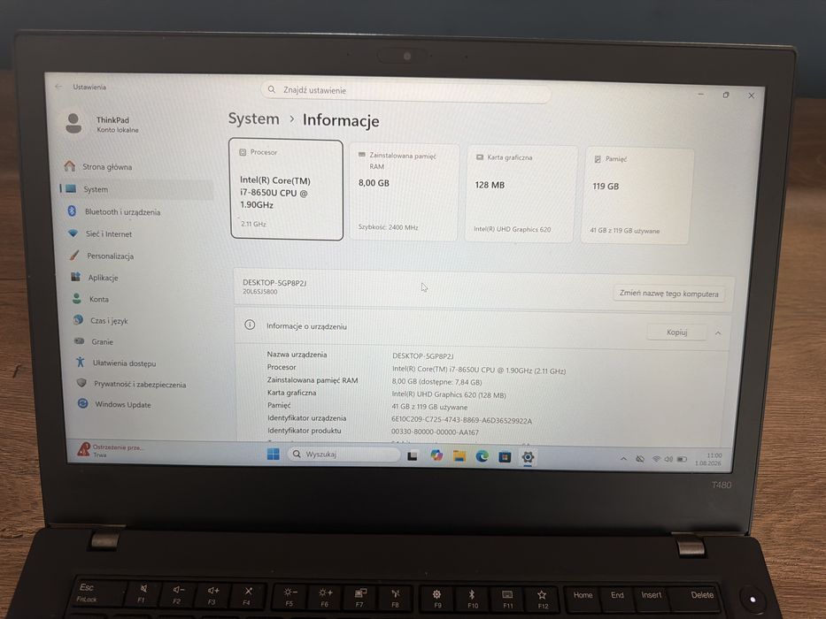 Lenovo ThinkPad T480 i7 8G, 8/120 GB