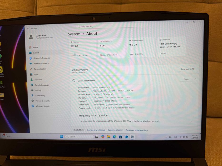 MSI Katana 15 B13V | i7 | RTX 4070 8GB | 16GB DDR5 | 144Hz | Новенький