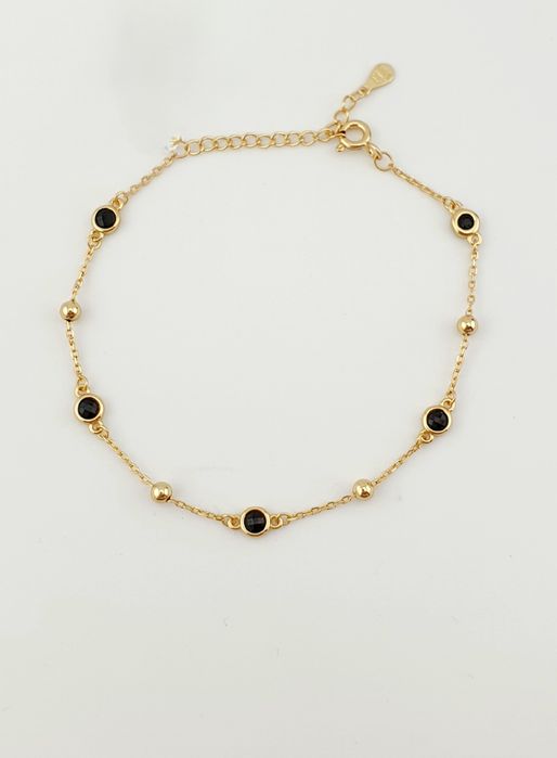 Bransoletka srebrna pozłacana czarne cyrkonie kulki pr.925 regulowana