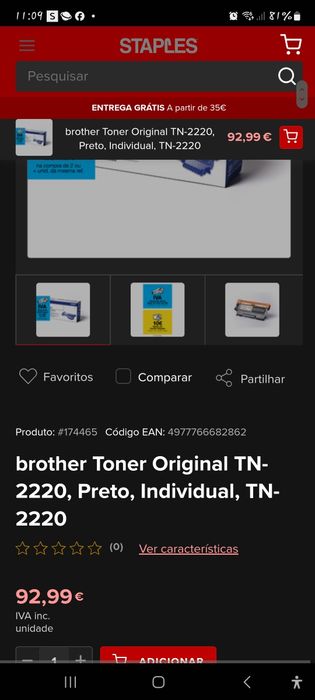 Toner preto TN-2220 novo em caixa,