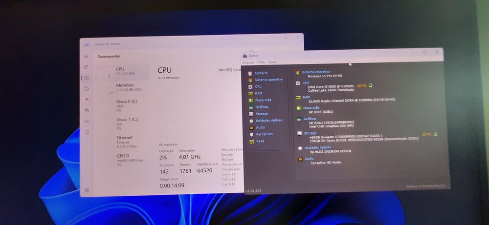Pç HP 600G4 8ªG|i5.8500-4.0G|16G|NVMe.256G+HDD500G|Wifi+BT|VGA/DP|W11