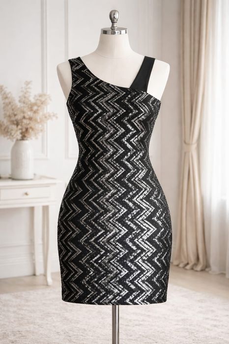 Efektowna czarna sukienka ze srebrnym cekinowym wzorem na wyjątkowe ok