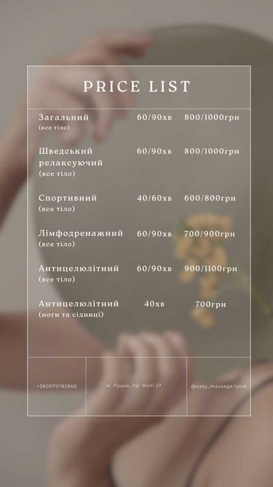 Масаж спортивний, антицелюлітний, лімфодренажний, релаксуючий