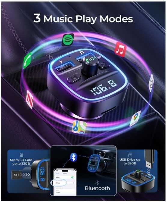 Transmiter samochodowy Bluetooth 5.0 z ładowarką USB Lencet T25