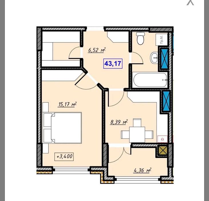 Продається 1-кімнатна квартира, 43 м², 3 поверх