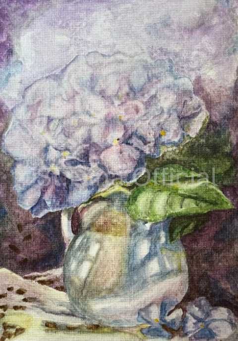 Akwarela; Hortensje w Wazonie, Oryginał lub Wersja Cyfrowa fiolet, róż